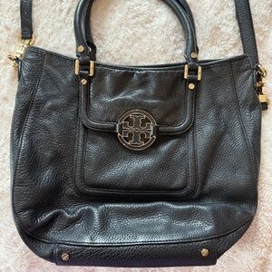 Tory Burch Black Leather Amanda Satchel Cross Body Tote Bag